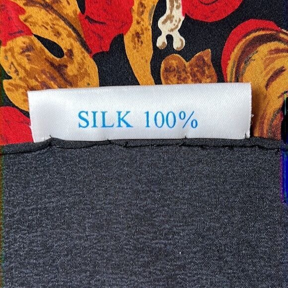 Shanghai SILK Large Silk Square Scarf Hand Rolled Black Multicolor - Picture 11 of 12